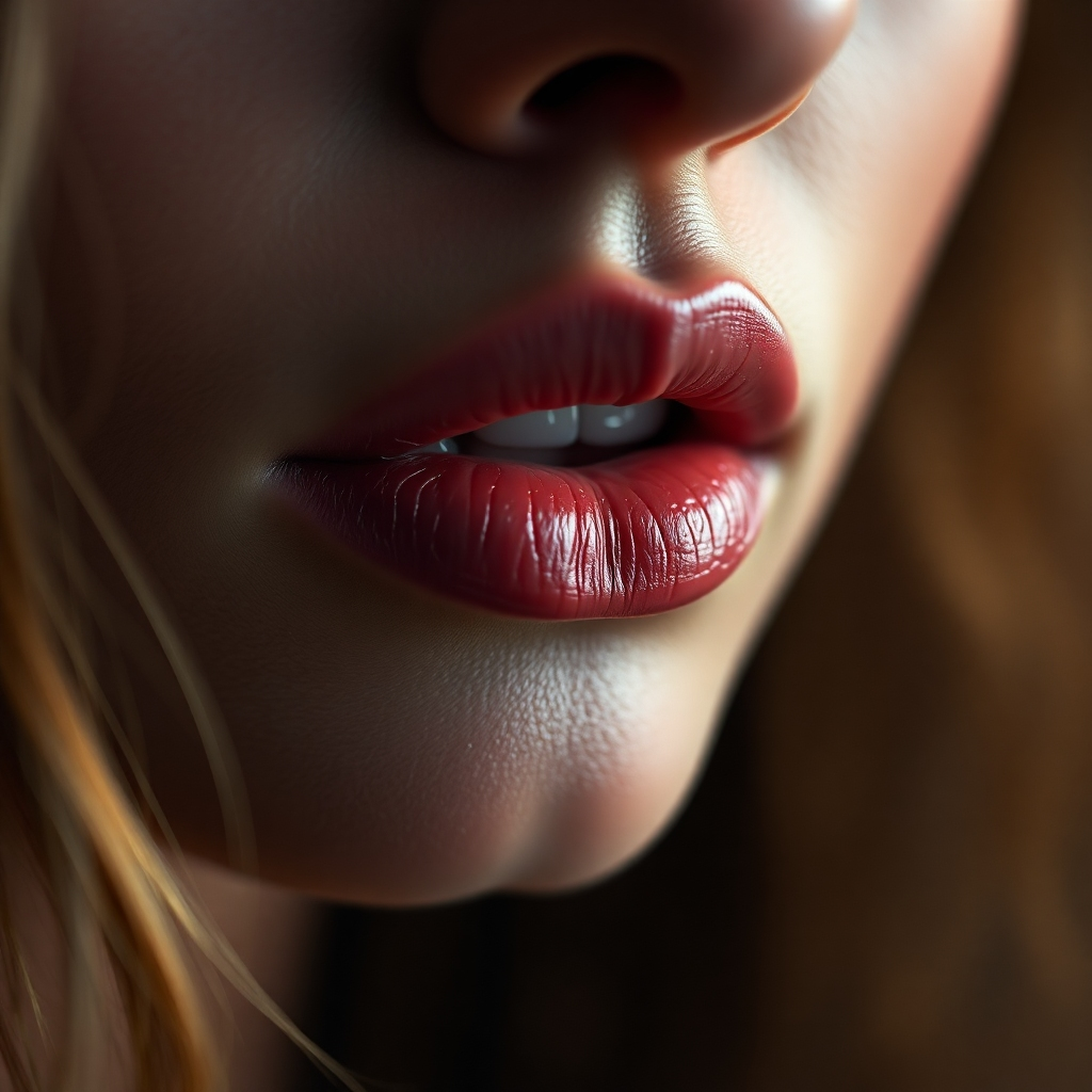 A close-up, photorealistic image of a woman's lips, slightly parted, as if whispering a secret. The lighting is soft and sensual, highlighting the texture of her skin and the curve of her lips. The background is blurred and indistinct, drawing attention to her lips. The color palette is muted and inviting, with warm earth tones and subtle hints of red. The image should evoke a sense of intimacy, vulnerability, and unspoken desire. 4k resolution.
