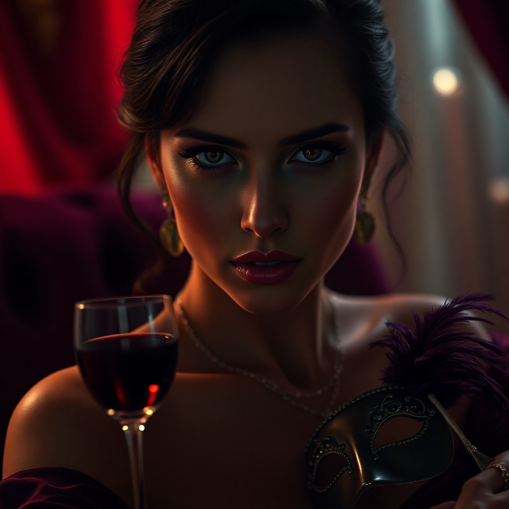 A hyperrealistic 8K photograph of a mysterious woman with captivating eyes, partially obscured by shadows, exuding an aura of subtle power and allure. She's adorned with delicate, almost invisible jewelry that hints at luxury and sophistication. The background is a softly blurred, opulent boudoir with hints of velvet and silk textures. Lighting should be dramatic, with chiaroscuro effects, creating deep contrasts and highlighting her enigmatic expression. The color palette should be rich and sensual, dominated by deep reds, purples, and gold accents. A faint, ethereal glow emanates from her, symbolizing the subliminal nature of attraction. The camera angle is a slightly low, emphasizing her confidence and dominance. Props include a single, half-empty glass of red wine and a feathered mask resting on a nearby table. Inspired by the works of Helmut Newton and the mood of a classic film noir. Ultra-detailed textures on skin, fabric, and jewelry.