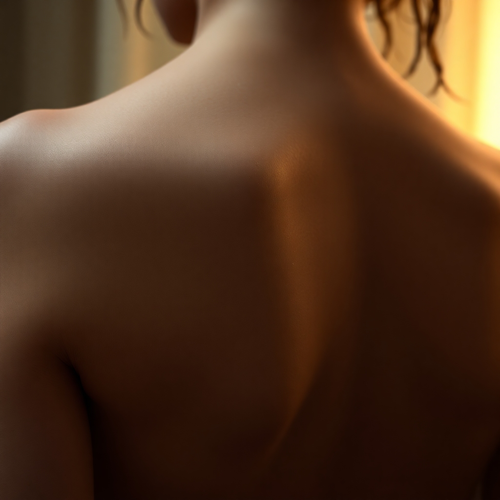 A photorealistic image of a hand gently caressing the bare skin of a back, with emphasis on the subtle details of the skin's texture and the gentle curves of the body. The lighting is soft and diffused, creating a warm and intimate atmosphere. The color palette is muted and sensual, with warm earth tones and subtle hints of red. The background is blurred and indistinct, focusing attention on the hand and the skin. The image should evoke a sense of tenderness, intimacy, and sensual exploration. 4k resolution.