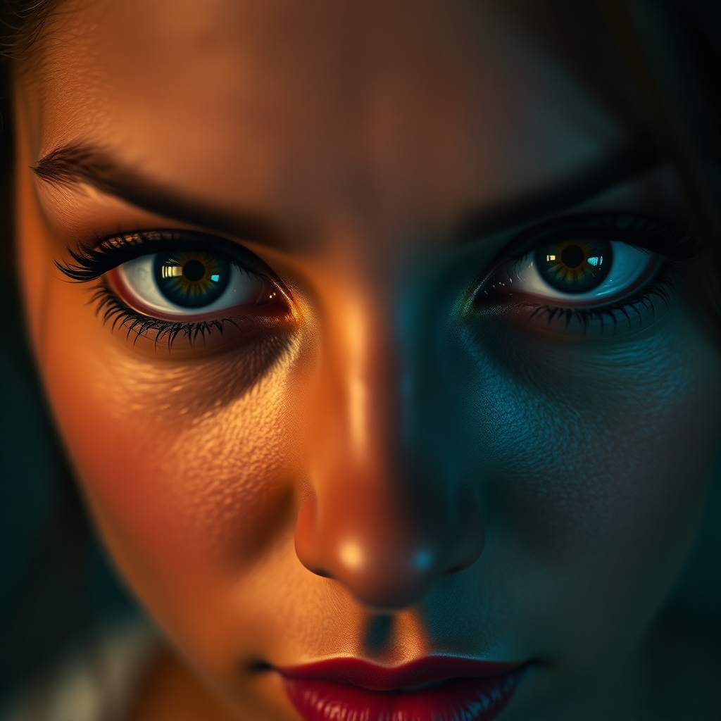 A captivating, photorealistic close-up of a woman's eyes, sparkling with intelligence and desire. The lighting is dramatic, with a single light source highlighting the depth and color of her iris. Subtle reflections in her eyes suggest hidden thoughts and emotions. The color palette is rich and vibrant, emphasizing the intensity of her gaze. The background is blurred and indistinct, focusing attention on her eyes. The image should evoke a sense of mystery, allure, and unspoken passion. Add some depth of field for a cinematic effect. 4k resolution.