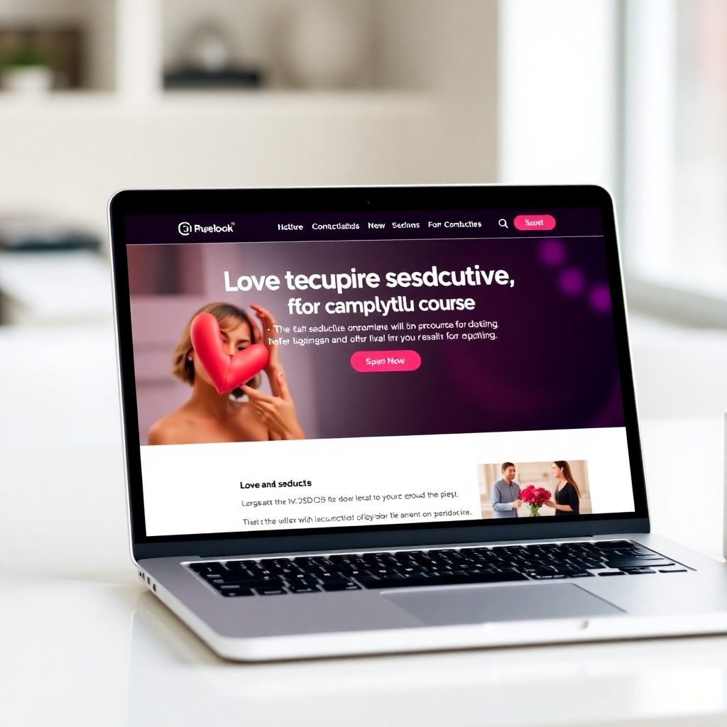A clean and modern image of a laptop displaying a captivating online course about love and seduction. The screen should be bright and engaging, with attractive visuals and informative content. The background is blurred, focusing attention on the laptop and the online course.
