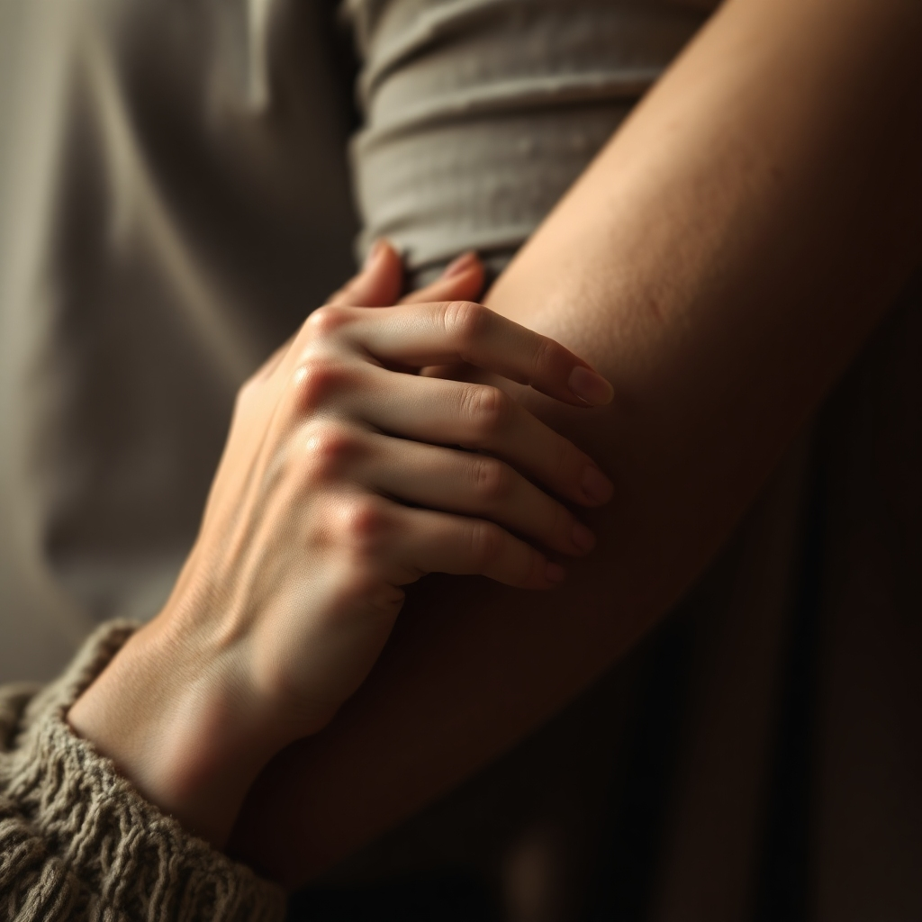 A close-up, photorealistic image of a woman's hand delicately touching a man's arm. The focus is on the subtle details of the skin, the textures of their clothing, and the connection between their bodies. The lighting is soft and warm, highlighting the intimacy of the moment. The background is blurred, drawing attention to the connection. The color palette is muted and sensual, with warm earth tones and subtle hints of red. The image should evoke a sense of vulnerability, trust, and unspoken desire. Emphasize details like goosebumps and skin texture. 4k resolution.