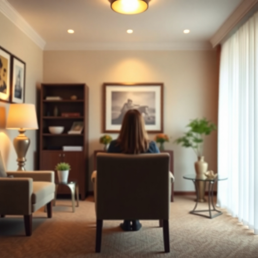 A photorealistic image of a comfortable, inviting consulting room with soft lighting and tasteful decor. A blurred silhouette of a person sitting in a chair suggests a private consultation. The room should evoke a sense of trust, safety, and confidentiality.