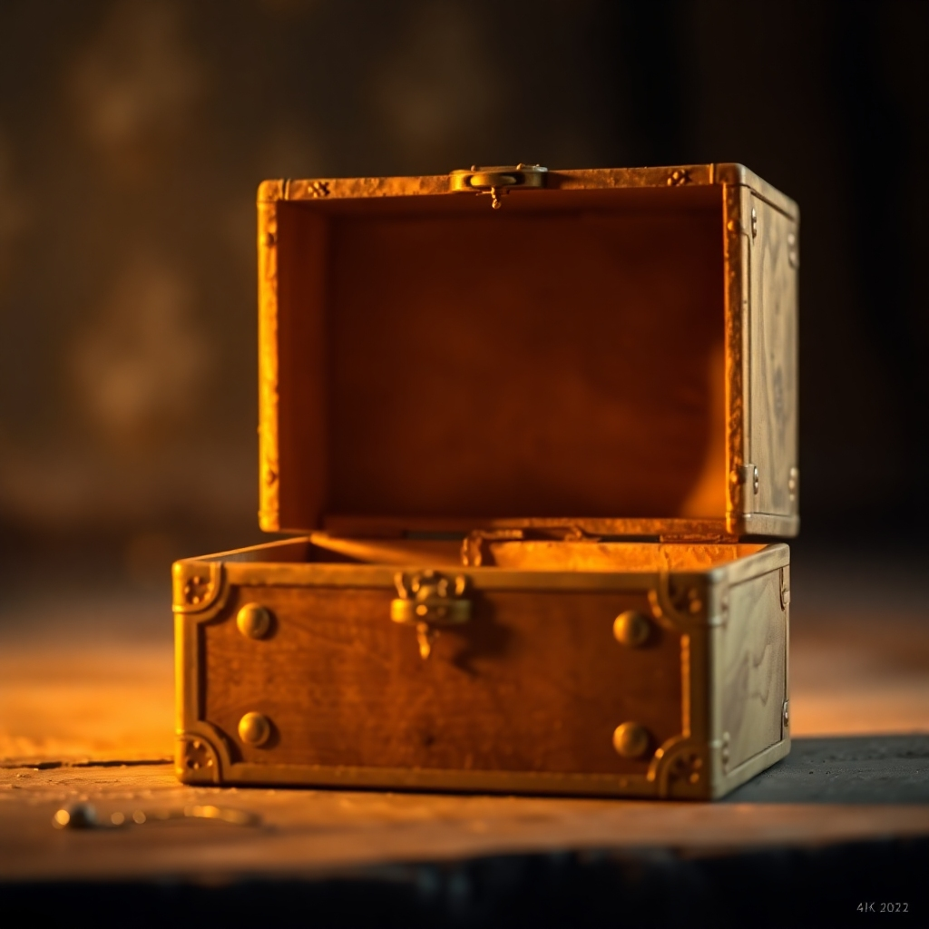 A photorealistic image of a partially opened antique box, with a soft, golden light emanating from within. The contents of the box are obscured by shadows, creating a sense of mystery and intrigue. The background is blurred and indistinct, drawing attention to the box. The color palette is warm and inviting, with earth tones and subtle hints of gold. The image should evoke a sense of curiosity, anticipation, and hidden treasures. 4k resolution.