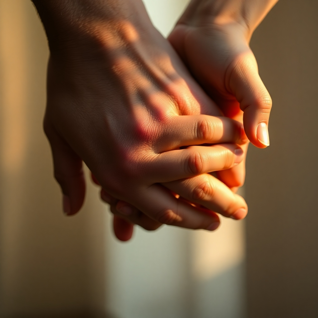 A photorealistic image of two hands gently intertwined, bathed in soft, warm light. The focus is on the subtle details of the skin, the texture of their hands, and the connection between them. The background is blurred and indistinct, drawing attention to the hands. The color palette is warm and inviting, with earth tones and subtle hints of gold. The image should evoke a sense of vulnerability, trust, and emotional intimacy. 4k resolution.