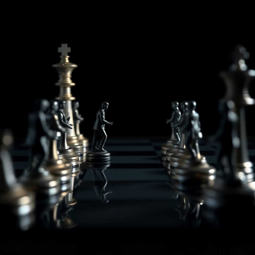 A stylized image of a chess game, but instead of chess pieces, the figures are miniature representations of people subtly influencing each other. The chessboard is reflective, with a distorted image of the players in the reflection. The lighting is dramatic, with chiaroscuro effects emphasizing the strategic nature of the game. The color palette is muted and sophisticated, with shades of gray, black, and silver. The image should evoke a sense of power, control, and strategic thinking. 4k resolution.