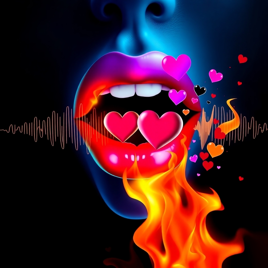A stylized image representing sound waves emanating from a pair of lips, gradually transforming into visual representations of desire and attraction, like hearts, flames, and abstract shapes. The color palette should be vibrant and energetic, with contrasting colors to emphasize the dynamism of the sound waves. The background is dark and mysterious, highlighting the visual elements. The overall style should be modern and artistic, with a hint of surrealism. Create an impression that some sounds can turn into images. 4k resolution.