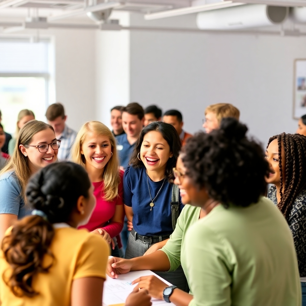 A vibrant and energetic image of a group of people participating in an interactive workshop. The participants are engaged in activities, laughing, and connecting with each other. The atmosphere is positive and supportive, suggesting a fun and educational experience.